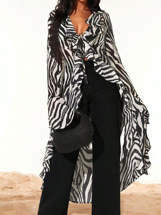 Tops - Multicolor Casual Women's Boho Chiffon Cardigan with Zebra Print and Ruffle Trim